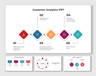 Customer analytics slide deck with five diamond icons representing steps from customer experience to data collection.