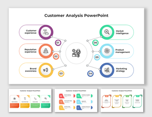 Customer analysis slides featuring various layout designs illustrating key components with icons.