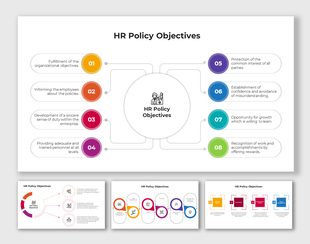 Human resources policy objectives template with a symmetrical layout of eight labeled segments around a central circle icon.