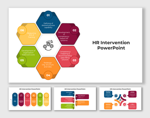 HR Intervention slides showcasing steps for HR processes in different colorful layout designs and icons.