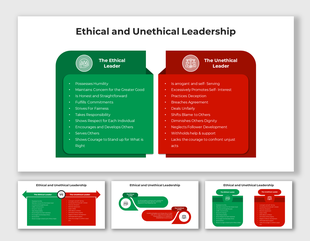 Comparison of ethical and unethical leadership qualities slides with various layout designs and icons.