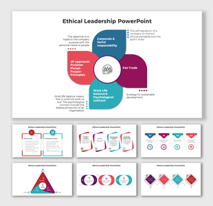 Slide deck featuring various visual layouts using bold colors highlighting key elements of ethical leadership.