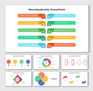 Set of slides displaying various flow and process diagrams in different shapes and colors, with numbered steps.
