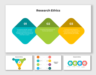 Collection of slides showing different styles like diamonds, hexagons, and flowcharts, with ethical principles.