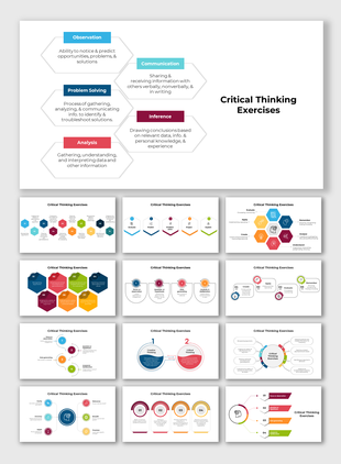 Visual representation of critical thinking skills slide deck including communication, problem solving, and inference
