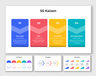 5S Kaizen infographic with colorful blocks showing sort, shine, standardize, set in order, and sustain.