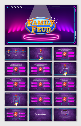 Family Feud PPT slides featuring rounds, questions, and interactive answer selections for a quiz game on a purple theme.