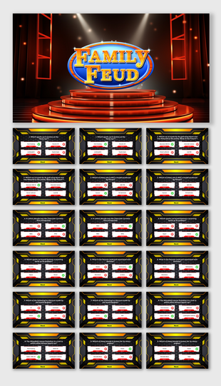 Family Feud presentation with a game show stage design, multiple choice question slides, and a dynamic black and yellow theme.
