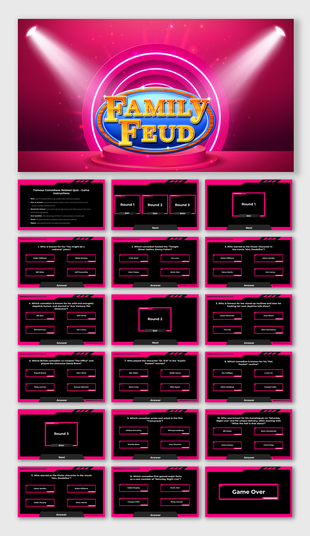 Vibrant pink themed family feud game slide deck featuring spotlight effects and quiz rounds with multiple choice layouts.