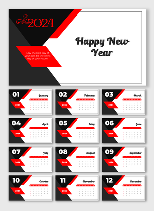 2024 calendar design slides with each month highlighted in a black, white, and red theme, including a new year’s greeting.