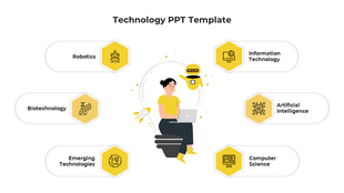 Illustration of a person sitting with a laptop, surrounded by six yellow hexagons representing various technology fields.