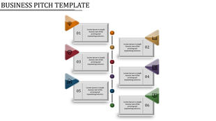 Vertical business pitch template with six colorful triangular icons connected to text boxes on a white background.