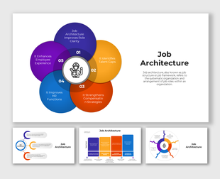 Job architecture slides with various diagrams in multiple colors, outlining core areas like HR functions and strategies.