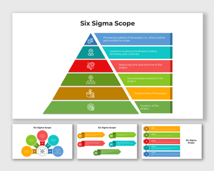 Slide pack featuring six sigma with a pyramid, circular charts, and arrow diagrams in various colors.