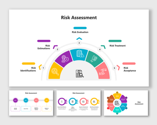 Risk assessment slides featuring a circular diagram with many steps in colorful layout designs and icons.
