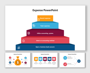 Pyramid chart highlighting five steps of expense management, with slides below showing different shapes in avrious colours.