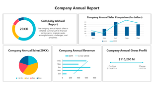 Company Annual Report slide featuring sales data, revenue graphs, and gross profit analysis for 20XX.