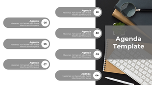 Gray agenda template with seven numbered sections from 01 to 07, each in rounded rectangles, next to a workspace background.