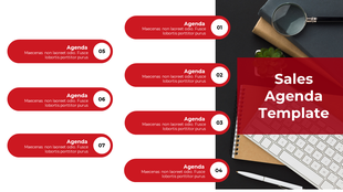 Seven numbered text box and a desk of office items on the right side with a red overlay for title.
