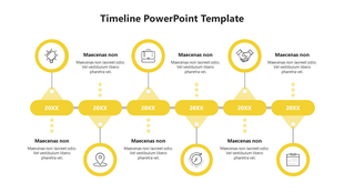 Timeline PPT template with a horizontal flow, featuring six key markers represented by icons and descriptions.