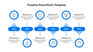 Blue infographic timeline featuring six steps, each with a round icon, text placeholders, and curved blue year blocks.