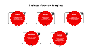 Red cloud connected in a sequence, illustrating five key business strategy steps from market analysis to financial planning.