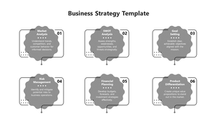 Six step business strategy template with gray cloud-shaped elements from market analysis to product differentiation.