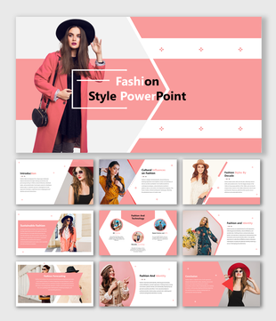 Slide deck with pink themed backgrounds, featuring stylish images of models and sections on fashion topics.