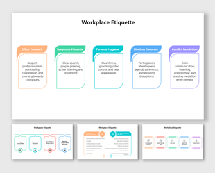 Slide deck on etiquette at work, including office conduct, telephone manners, and personal hygiene in distinct colors.