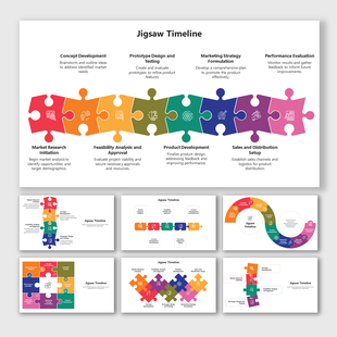 Jigsaw timeline PPT slides in different colorful layout puzzle designs with icons and text descriptions on a white theme.
