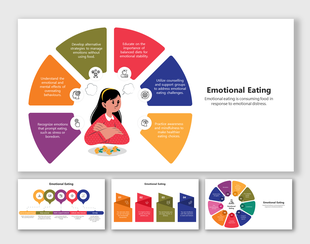 Presentation slides on emotional eating, with a central diagram showing strategies to manage emotional eating with icons.