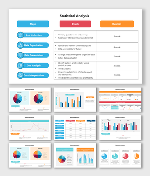 Statistical analysis slides show stages with different colorful layout designs with detailed descriptions.