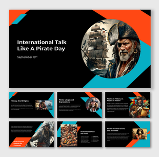 Slide deck celebrating Talk Like a Pirate Day, featuring vintage pirate art, themed food, fashion, and famous phrases. 