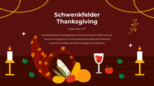 A warm, autumnal scene with a cornucopia, apples, and pumpkins celebrating Schwenkfelder Thanksgiving on a maroon theme.