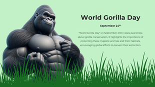 Illustration of a strong gorilla with a bold stance, surrounded by grass, celebrating world gorilla day with awareness text.