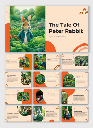 Illustrated slides of Peter Rabbit’s journey with colors, leafy backgrounds, and playful bunny character art in each scene.