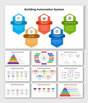 Automation systems featuring icons for sensors, actuators, controllers, and various pyramid and circular diagrams.