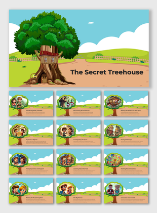Secret treehouse PowerPoint slides surrounded by a lush green landscape with a peaceful rural setting on a colorful theme.