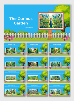 Engaging visuals of 'The Curious Garden' story, depicting Liam's gardening efforts and nature's impact on the city landscape.