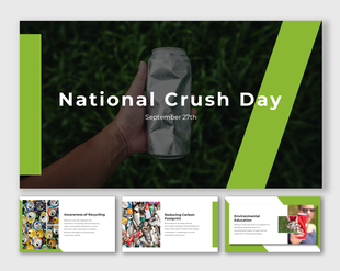 National Crush Day presentation with sections on recycling benefits, carbon footprint impact, and environmental education.