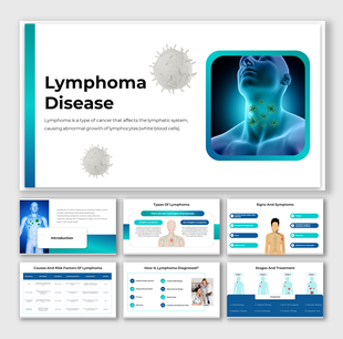Lymphoma disease info slides covering causes, diagnosis, and treatment, with visuals of lymphatic system and symptom icons.