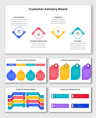 Customer advisory boards featuring multicolor infographics, numbered sections, and strategic feedback visuals.
