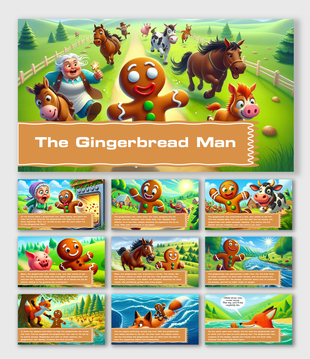 The Gingerbread Man story slides showing his escape, meeting animals, and crossing obstacles in vibrant, animated scenes.