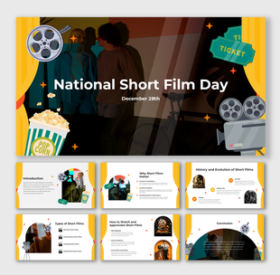 National Short Film Day slides featuring popcorn, film reels, and a ticket, celebrating short films on December 28th.