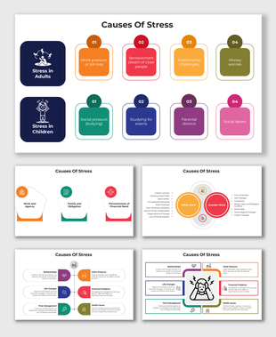 Causes of stress visual, showing adult and child triggers like work, exams, financial issues, with icons and colored boxes.