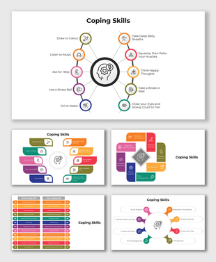 Coping skills slides showing techniques like deep breathing, using stress balls, and seeking help, with vivid icons and text.