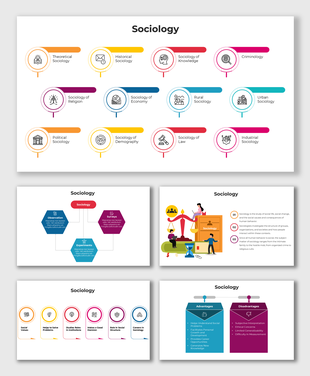 Sociology presentation, with colorful icons for branches such as political sociology, demography, and urban studies.