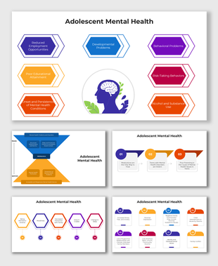 Adolescent Mental Health visuals showing hexagonal shapes with topics like developmental problems and alcohol use risks.