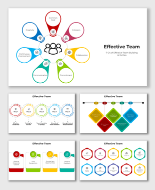 Effective team presentation using vivid colors, teardrop icons, and text boxes to depict steps of team building and roles.