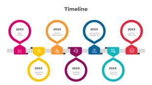 Timeline slide featuring connected loops in pink, yellow, orange, purple, blue, teal, and red, with labeled milestones.